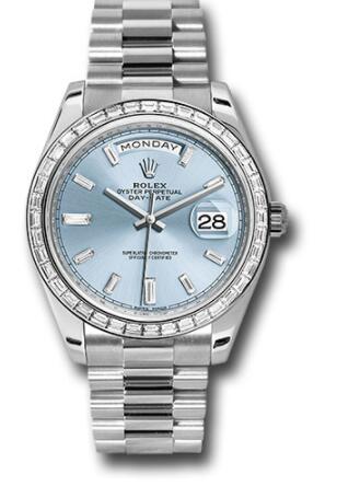 Replica Rolex 950 Platinum Day-Date 40 Watch 228396TBR Bezel Ice Blue Baguette Diamond Dial President Bracelet